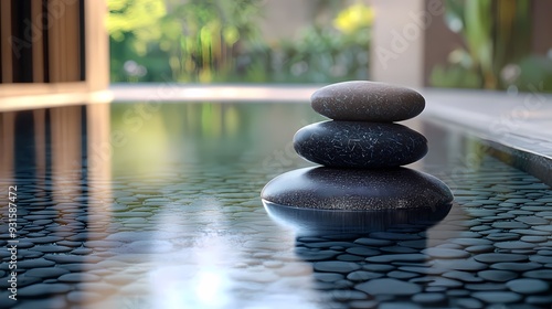 A tranquil stack of stones on a calm water surface, surrounded by lush greenery, perfect for relaxation and mindfulness themes.