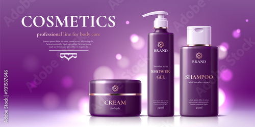 Cosmetic product purple templates. Hair shampoo, shower gel and body cream packages. Advertising poster with luxury realistic 3d vector plastic jar and bottle mockups on soft violet bokeh background
