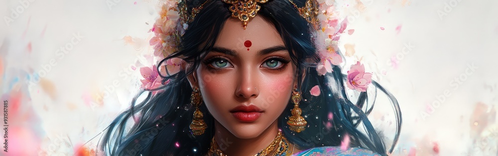 Watercolor illustration of Hindu goddess Lakshmi with lotus flowers Watercolor illustration of Hindu goddess Lakshmi with lotus flowers