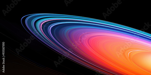 Celestial Beauty, A mesmerizing view of a distant planet with vivid rings in shades of orange and blue, swirling gracefully around its smooth, shaded surface, set against the vast darkness of space. photo