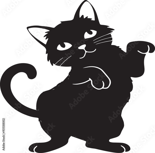 The cat is depicted in a playfulpose vector-style silhouette illustration of a cat against a white background photo