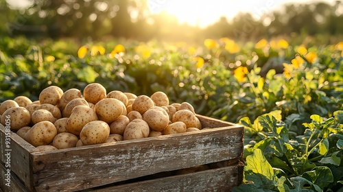 Freshly harvested potatoes in a wooden crate with a lush garden background during sunset.