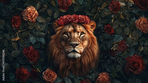 Majestic lion adorned with a floral crown, surrounded by vibrant roses and lush greenery, embodying strength and beauty. photo