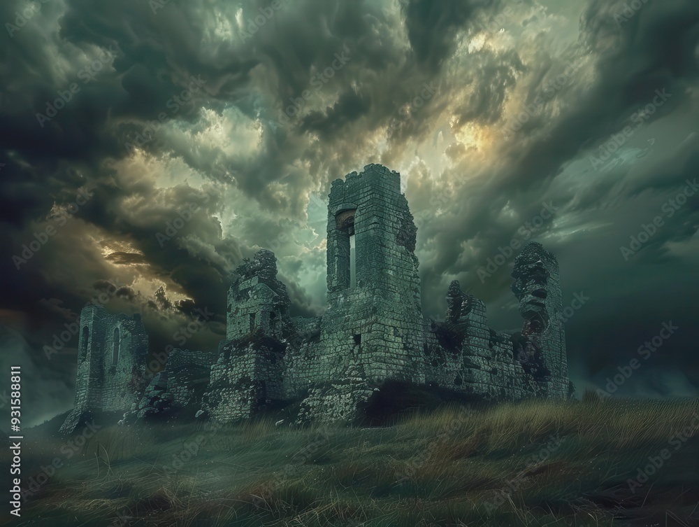 Fototapeta premium Medieval castle ruins, stormy sky, dramatic, high detail, vibrant colors