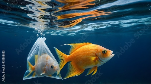 A fish underwater wrapped in plastic polythene bag depicting water pollution, A fish covered in plastic bag depicting water pollution 