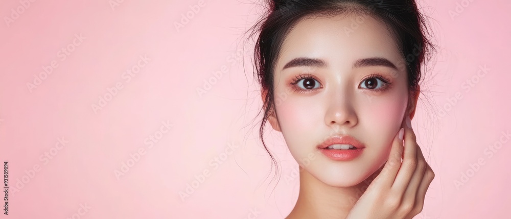 Naklejka premium Beautiful young Asian woman with clean fresh skin on pink background, Face care, Facial treatment, Cosmetology, beauty and spa