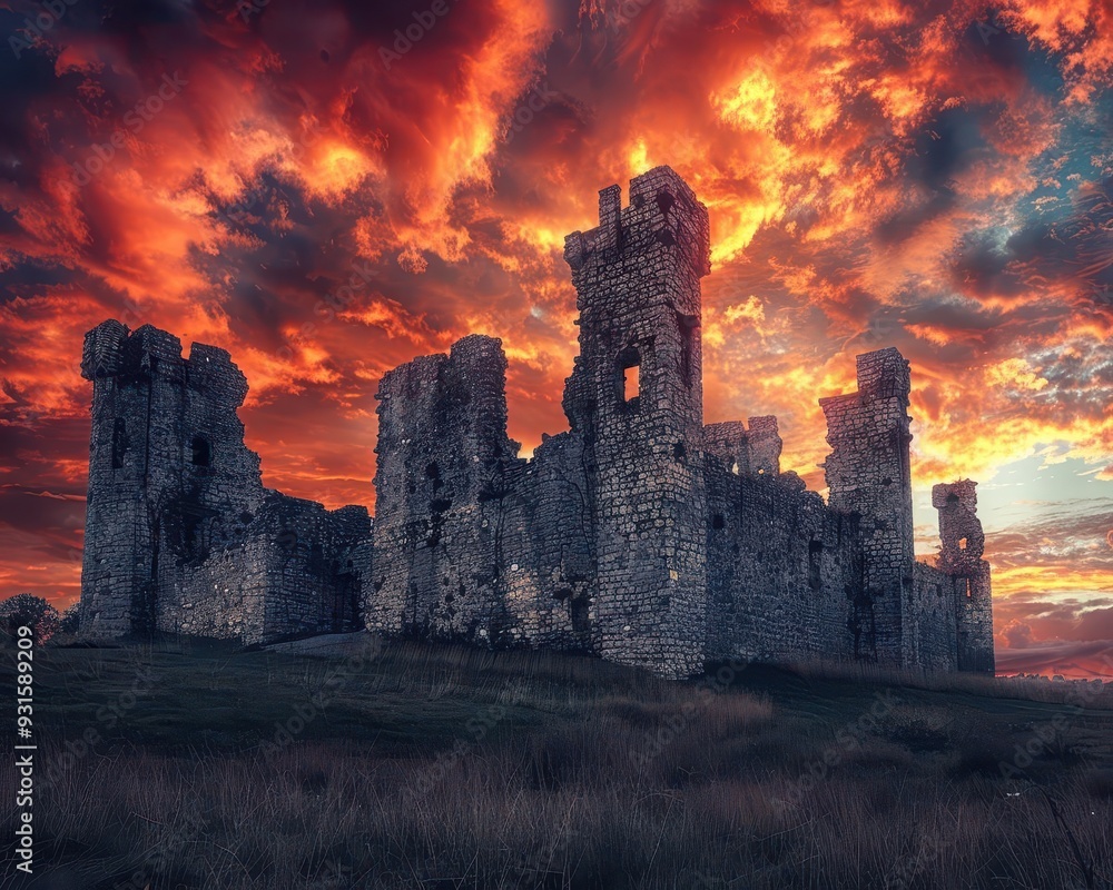 Fototapeta premium Medieval castle ruins, stormy sky, vibrant colors, high detail, dramatic