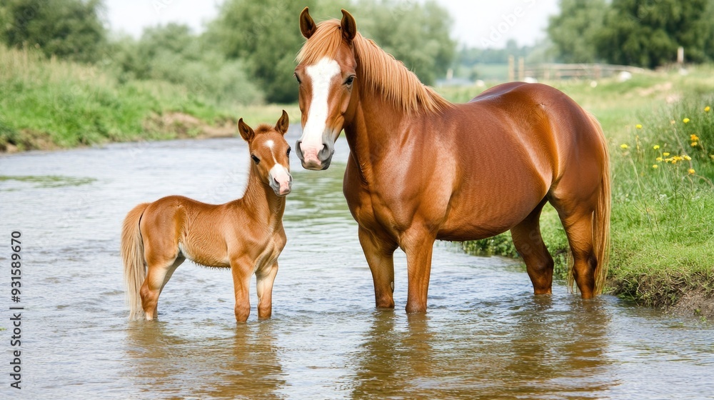Obraz premium A mother horse stands protectively beside her foal in shallow water, surrounded by a vibrant green meadow on a bright summer day.