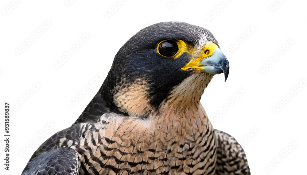 Obraz premium Close-Up of a Peregrine Falcon's Intense Gaze on white background