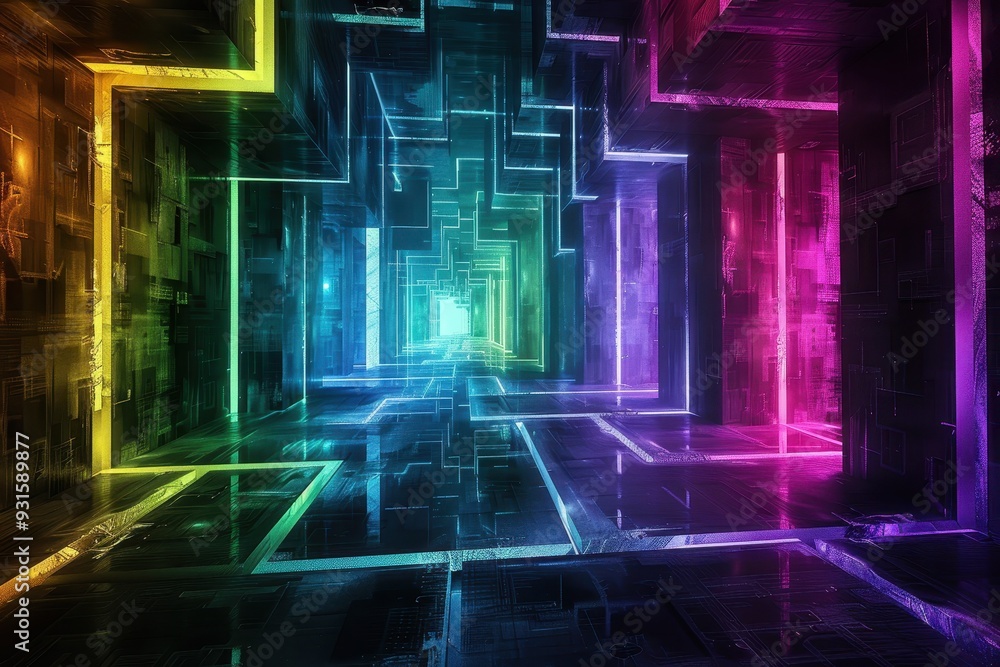 An abstract holographic maze, with walls and pathways glowing in various colors. An abstract holographic maze, with walls and pathways glowing in various colors.