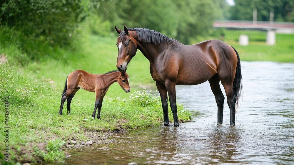 A mother horse stands protectively beside her foal in shallow water, surrounded by a vibrant green meadow on a bright summer day A mother horse stands protectively beside her foal in shallow water, surrounded by a vibrant green meadow on a bright summer day