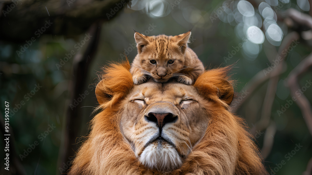 Fototapeta premium an orange cat was sitting on a lion's head