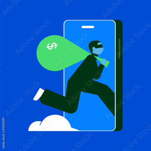 Internet fraud and scam concept. Online hackers at phishing, cyber crime, theft of personal bank or credit debit card information and money. Flat graphic vector illustration.
