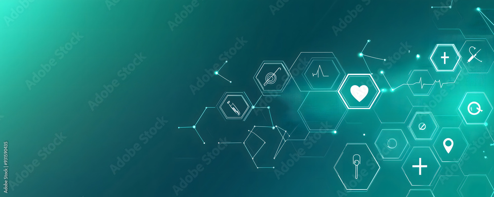 Turquoise background with medical icons and hexagons light blue color Background Turquoise background with medical icons and hexagons light blue color Background