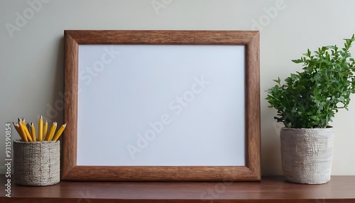 Wooden horizontal picture frame mock up, simple minimal decor design. Portrait frame template with blank space13