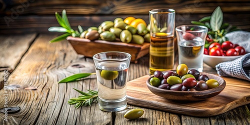 Traditional Greek vodka ouzo and marinated olives on rustic wooden table, Greek, vodka, ouzo, marinated, olives