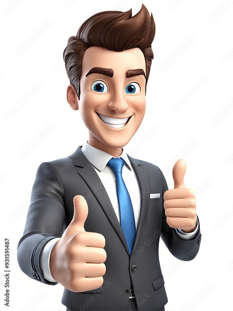Smiling animated businessman with thumbs up gesture on white background, motivational poster. Generative AI Smiling animated businessman with thumbs up gesture on white background, motivational poster. Generative AI