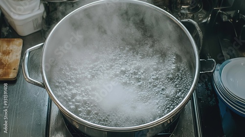 Giant Pot of Boiling Water on a Stovetop. The Scene Features a Large Pot with Vigorous Steam Rising and Bubbling Water, Indicating High Heat and Intense Cooking. photo