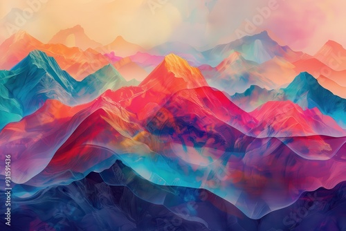 An abstract holographic mountain range, with peaks and valleys shifting colors as if alive.