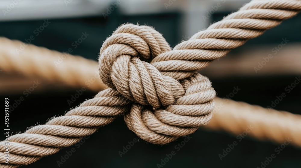 A nautical knot is coiled tightly on the deck of an old sailboat, illuminated by bright sunlight with soft shadows accentuating its details A nautical knot is coiled tightly on the deck of an old sailboat, illuminated by bright sunlight with soft shadows accentuating its details