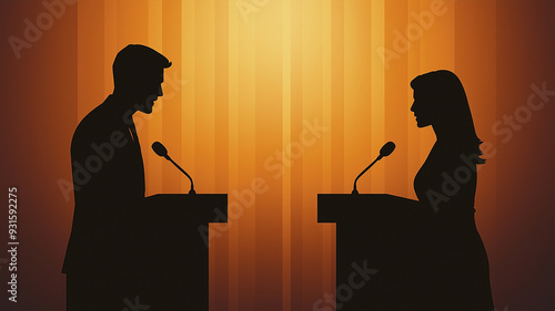 Silhouettes of man and woman in a presidential debate, American election
