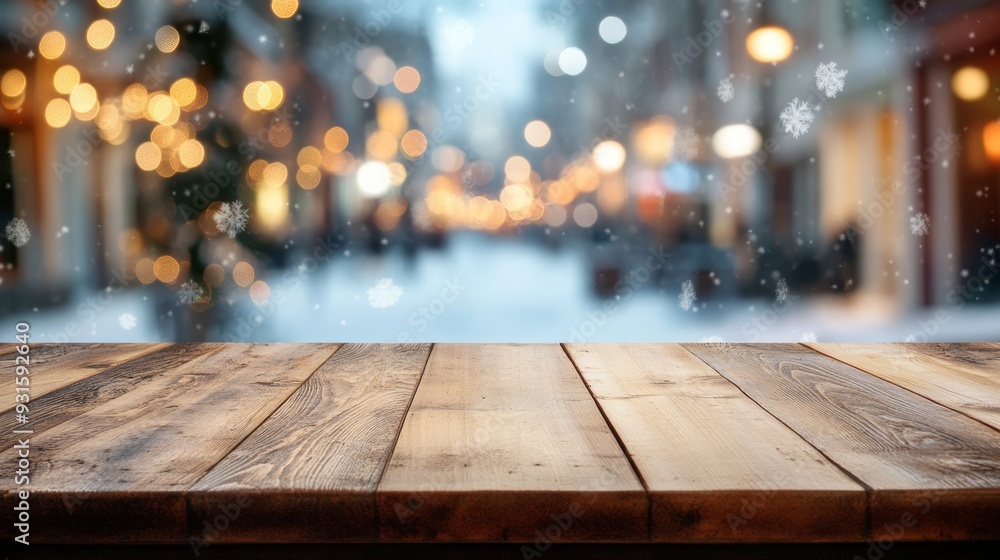 Wooden table in the foreground with a snowy city scene in the background. Perfect for winter, holiday, and outdoor themes. Wooden table in the foreground with a snowy city scene in the background. Perfect for winter, holiday, and outdoor themes.