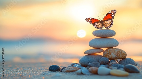 Balanced pebble pyramid and butterfly on the beach. Abstract warm sunset bokeh with sand on the background. Zen stones on the sea beach, balance concept