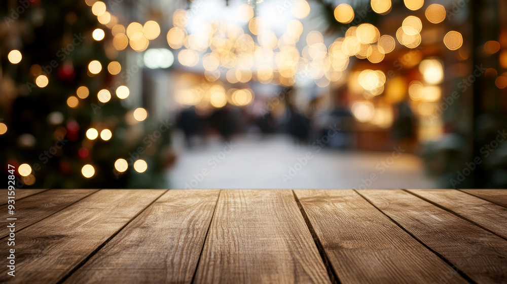 Wooden table in the foreground with a snowy city scene in the background. Perfect for winter, holiday, and outdoor themes. Wooden table in the foreground with a snowy city scene in the background. Perfect for winter, holiday, and outdoor themes.