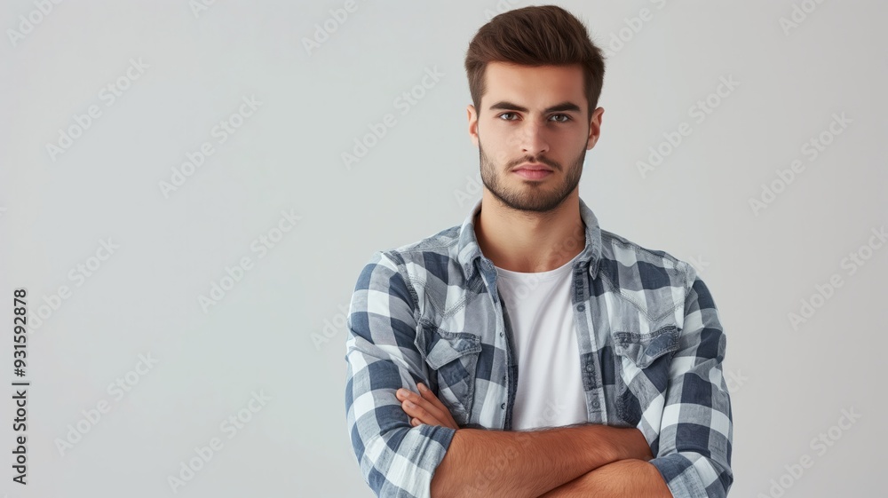 Handsome Young Man in Plaid Shirt with Crossed Arms Handsome Young Man in Plaid Shirt with Crossed Arms