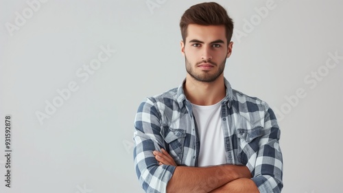 Handsome Young Man in Plaid Shirt with Crossed Arms