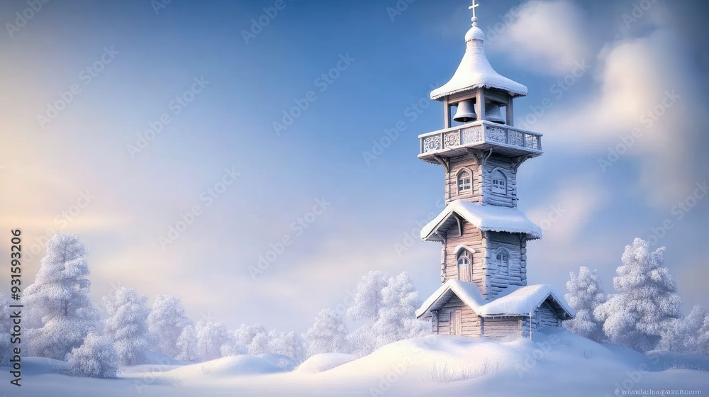 A quaint wooden church and traditional buildings are blanketed in snow, surrounded by bare trees against a vibrant blue winter sky in an ancient Russian village A quaint wooden church and traditional buildings are blanketed in snow, surrounded by bare trees against a vibrant blue winter sky in an ancient Russian village