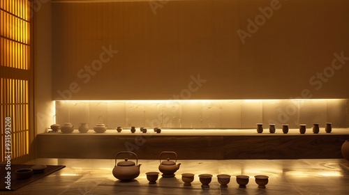 Simple interior with ambient lighting highlighting a traditional Chinese teamaking setup with a kettle and pottery cups photo