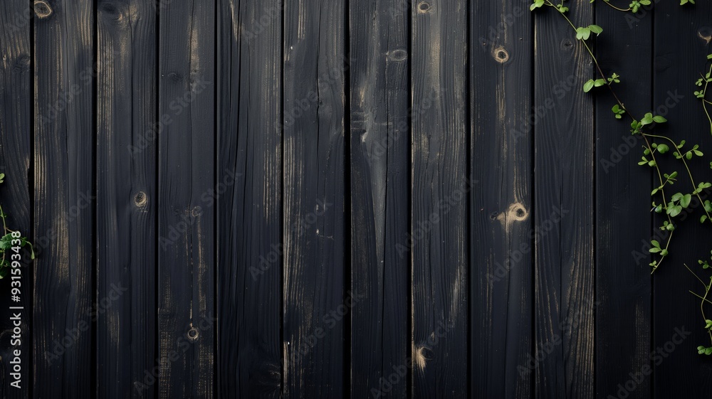 Dark Wood Texture Background with Green Vines Dark Wood Texture Background with Green Vines