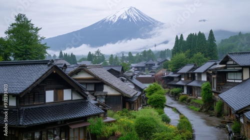 Wallpaper Mural Misty morning view of Mount Fuji surrounded by a calm landscape and autumn foliage Perfect for nature photography travel visuals or serene scenes Torontodigital.ca