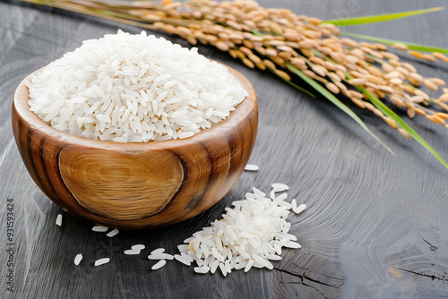 Bowl of Rice on Wooden Table with Spilled Grains. Fresh White Rice in a Wooden Bowl Surrounded by Rice Plants. Natural Food Aesthetics for Culinary Photography