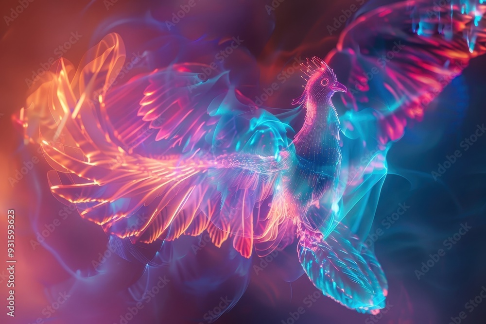 Fototapeta premium An abstract holographic phoenix rising, with feathers made of light.