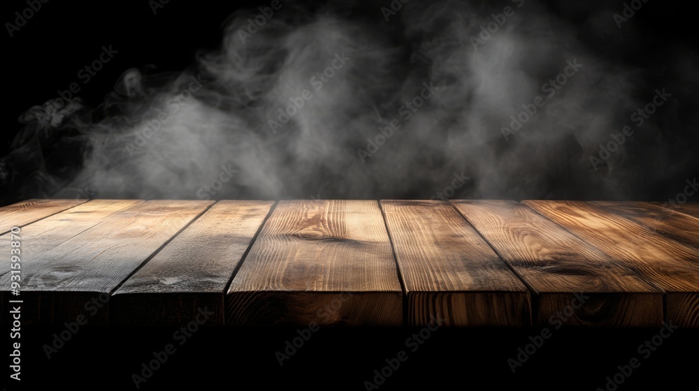 Wooden table with smoke rising against a dark background. Perfect for food photography, barbecue themes, or culinary visuals. Wooden table with smoke rising against a dark background. Perfect for food photography, barbecue themes, or culinary visuals.