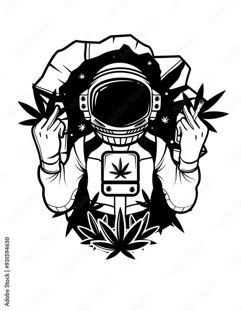 Fototapeta premium Astronaut Smoking Weed | Rasta High | Astronaut | Marijuana Leaf | Smoking Blunt | Weed Life | Smoking Weed | 420 | Original Illustration | Vector and Clipart | Cutfile and Stencil