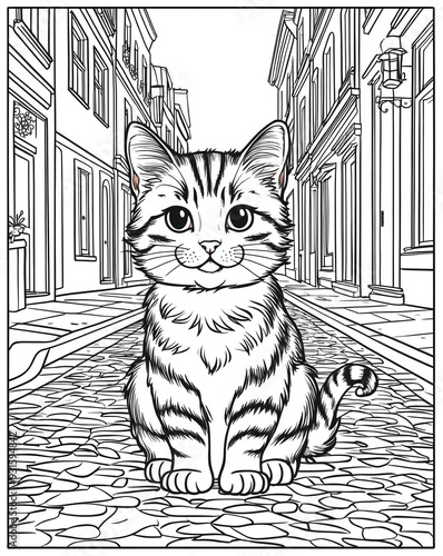 Cute cat sits confidently in middle of charming cobblestone street. Colouring book page outline, line art drawing photo