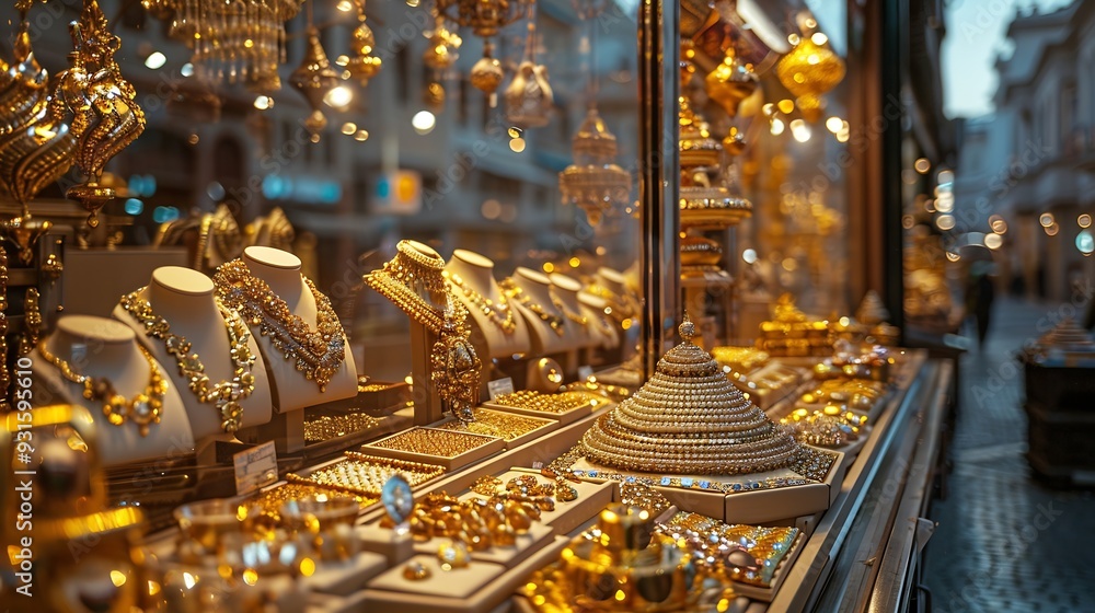 Naklejka premium A gold shop windows at istanbul grand bazar or Kapali Carsi Turkey Jewelry in the store window A lot of luxury jewelry in the oriental market Concept of shopping in Middle East : Generative AI