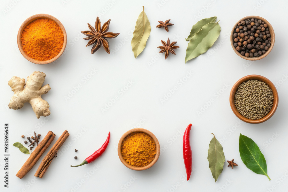 A composition of various indian spices and herbs, arranged in an artistic layout on white background. A composition of various indian spices and herbs, arranged in an artistic layout on white background.