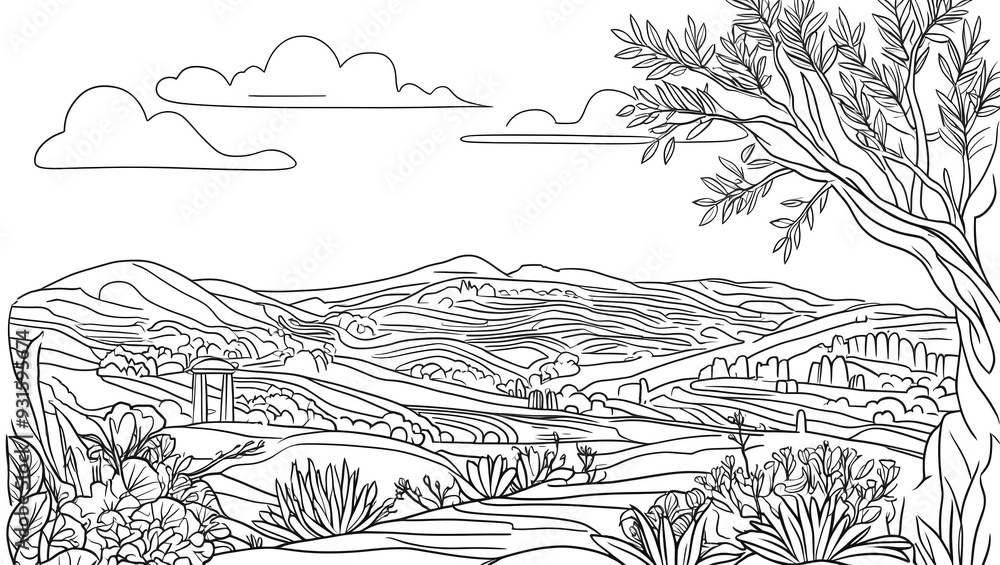 Fototapeta premium Landscape of Greece with hills, trees, clouds. Colouring book page outline, line art drawing