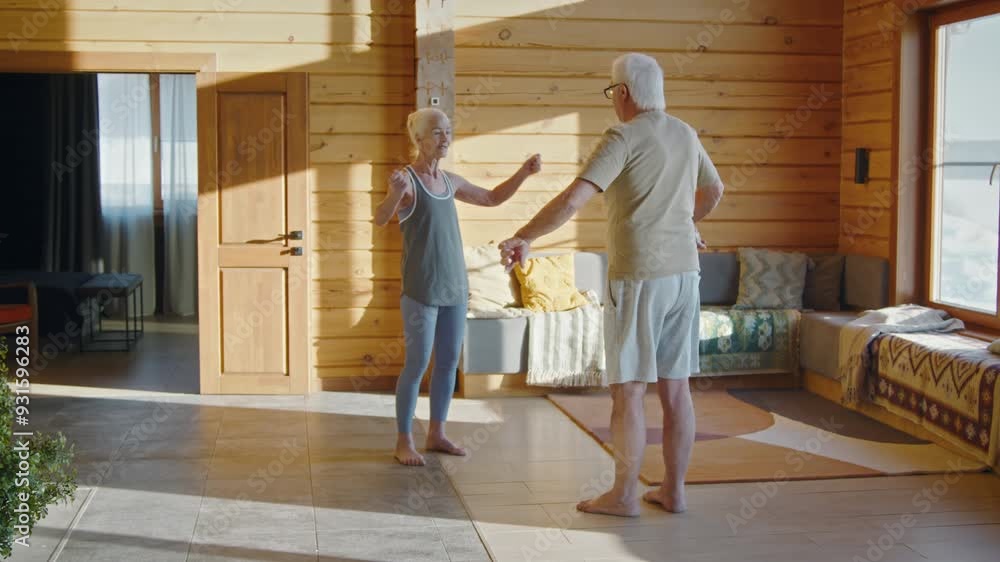Wide shot of senior Caucasian man and woman standing in spacious living room of family home on sunny morning, doing gymnastics and rotating arms to warm up elbow joints Wide shot of senior Caucasian man and woman standing in spacious living room of family home on sunny morning, doing gymnastics and rotating arms to warm up elbow joints