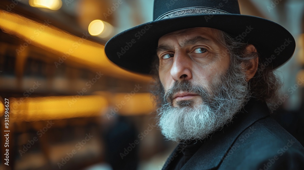 Thoughtful Jewish Man in Traditional Attire Standing in a Warmly Lit Interior, Reflecting a Deep Sense of Contemplation and Cultural Identity Thoughtful Jewish Man in Traditional Attire Standing in a Warmly Lit Interior, Reflecting a Deep Sense of Contemplation and Cultural Identity