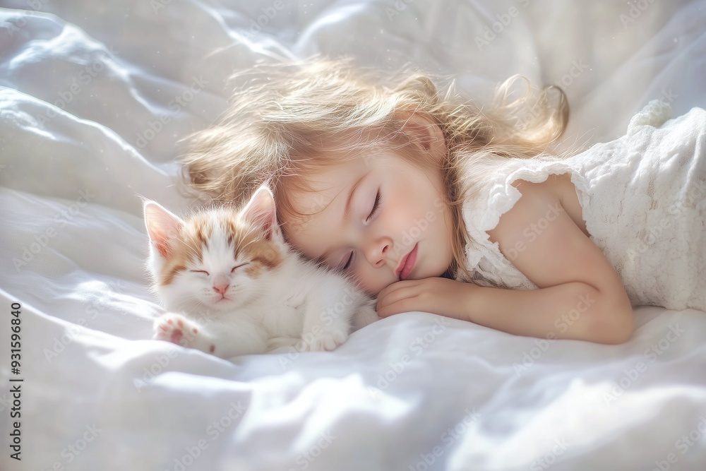Sweet Baby Sleeping with a Small Kitty Cat Sweet Baby Sleeping with a Small Kitty Cat