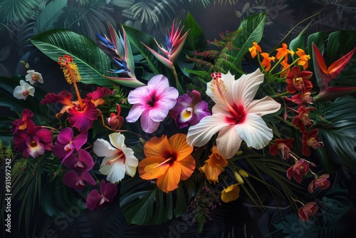 An arrangement of tropical flowers, including hibiscus, orchids, and bird of paradise, set against a dark background