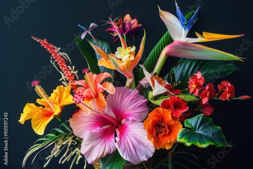 An arrangement of tropical flowers, including hibiscus, orchids, and bird of paradise, set against a dark background