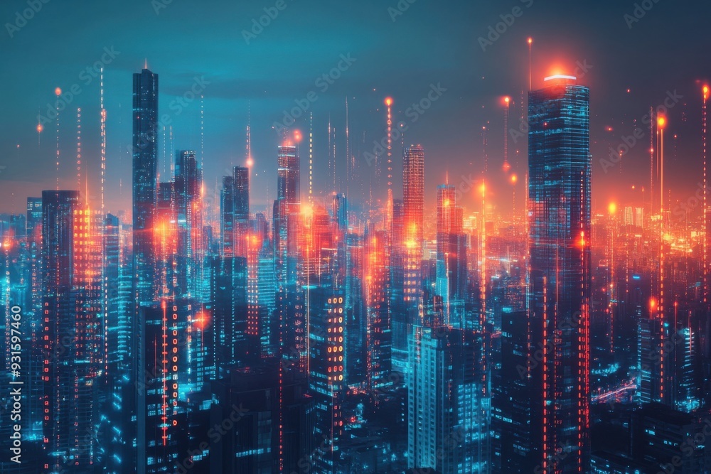 City Skyline with Financial Graphs and Data City Skyline with Financial Graphs and Data