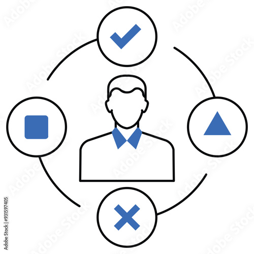 An icon representing decision-making processes with human figures and geometric shapes, emphasizing AI in business strategy, predictive analytics, decision support systems, and data-driven decisions.