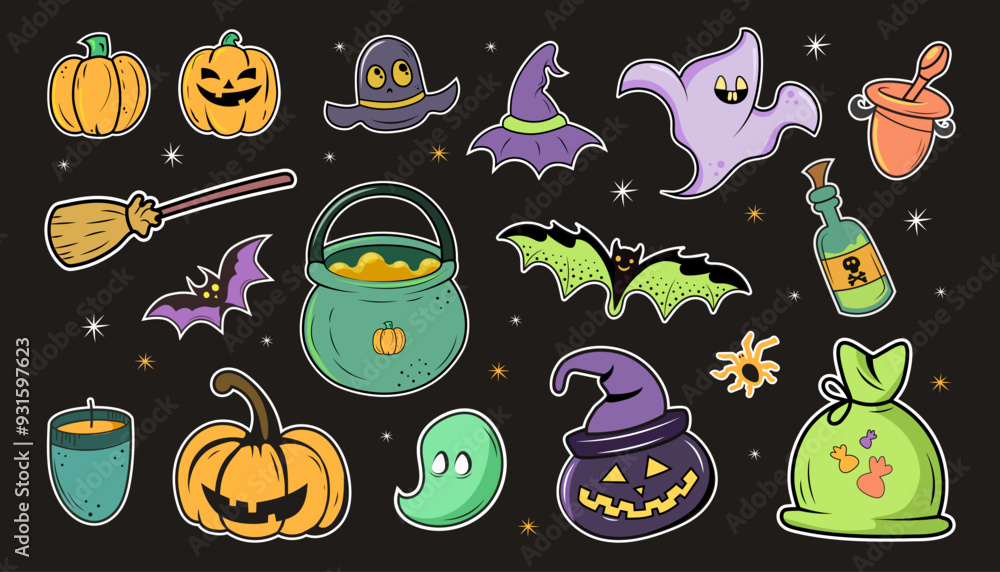 A set of Halloween holiday stickers with traditional symbols, pumpkins and bats, witch hats, spiders, cauldron and ghosts. Vector illustration. A set of Halloween holiday stickers with traditional symbols, pumpkins and bats, witch hats, spiders, cauldron and ghosts. Vector illustration.